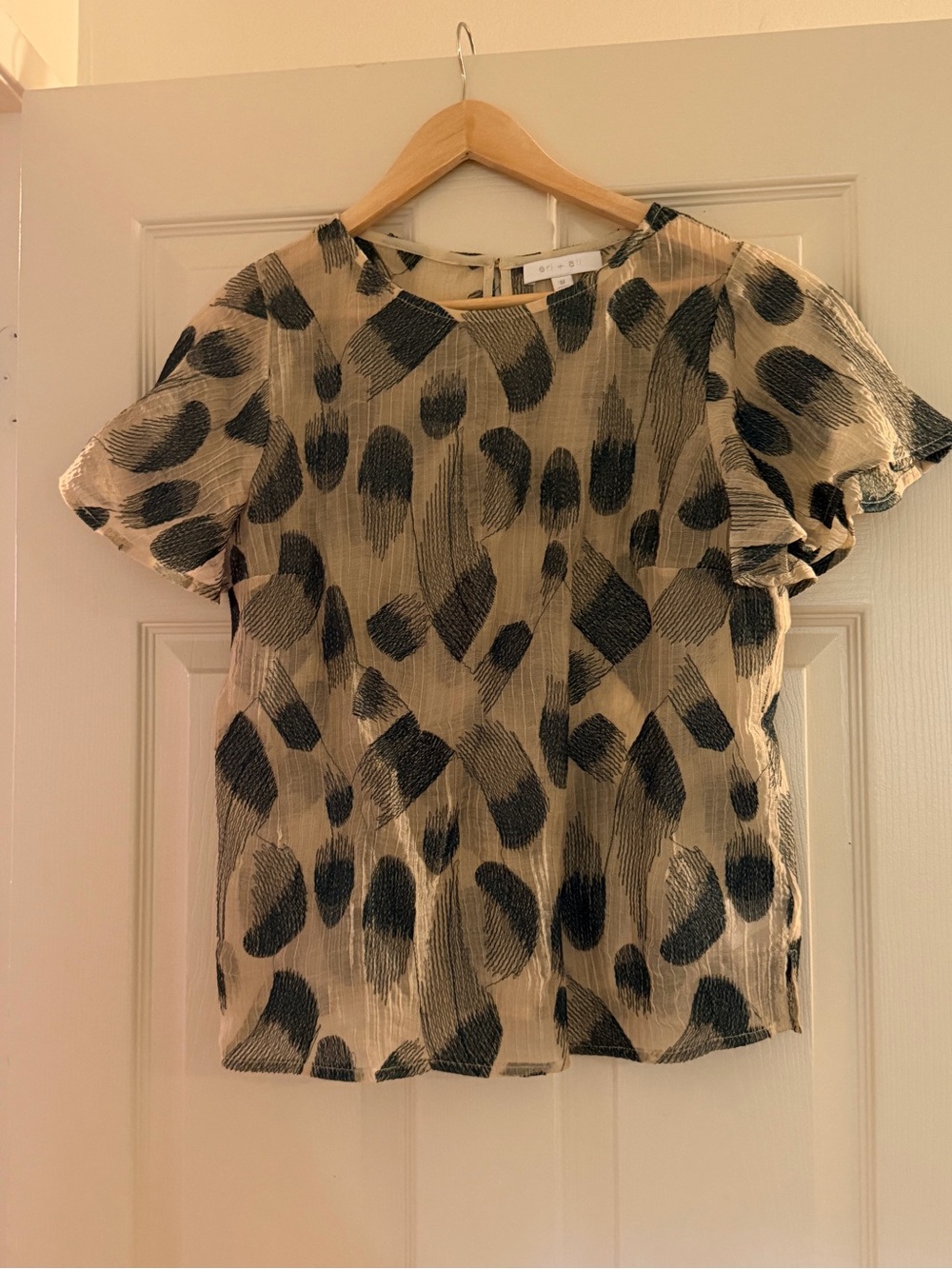 Woven Brushstroke Print Short Sleeve Top - Beige/Hunter GREEN